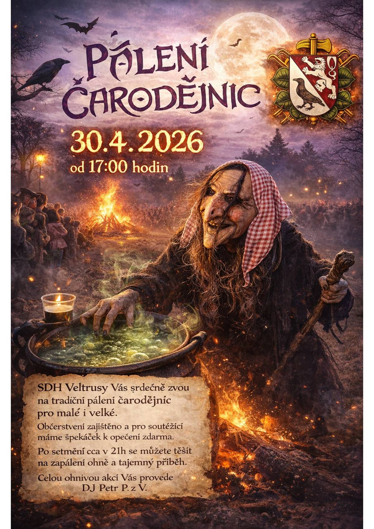 Pálení čarodějnic ve Veltrusích se blíží – přijďte si užít magický podvečer plný ohně, zábavy a tajemné atmosféry! Ve čtvrtek 30. dubna 2026 od 17:00 hodin se můžete těšit na tradiční akci pro malé i velké. 🧑🚒Sbor dobrovolných hasičů Veltrusy srdečně zve všechny občany na oblíbené pálení čarodějnic, které každoročně přináší jedinečnou atmosféru, setkání sousedů i zábavu pro celé rodiny. Pro návštěvníky bude zajištěno občerstvení, a soutěžící se mohou těšit na špekáček k opečení zdarma 🌭. Po setmění, přibližně ve 21:00 hodin, dojde k zapálení ohně🔥, které doplní tajemný příběh a večerní program✨. 🪩Celým „ohnivým“ večerem vás provede DJ Petr P. z V. Přijďte si užít příjemný podvečer, potkat se s přáteli a společně přivítat jaro v tradičním duchu.