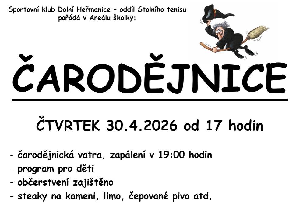 Dobrý den,  Sportovní klub Dolní Heřmanice - oddíl Stolního tenisu pořádá Čarodejnice 2026.   Kdy: Čtvrtek 30.04.2026 od 17:00   Kde: Areál mateřské školy  Zapálení vatry v 19:00.  Děkujeme. Obec Dolní Heřmanice