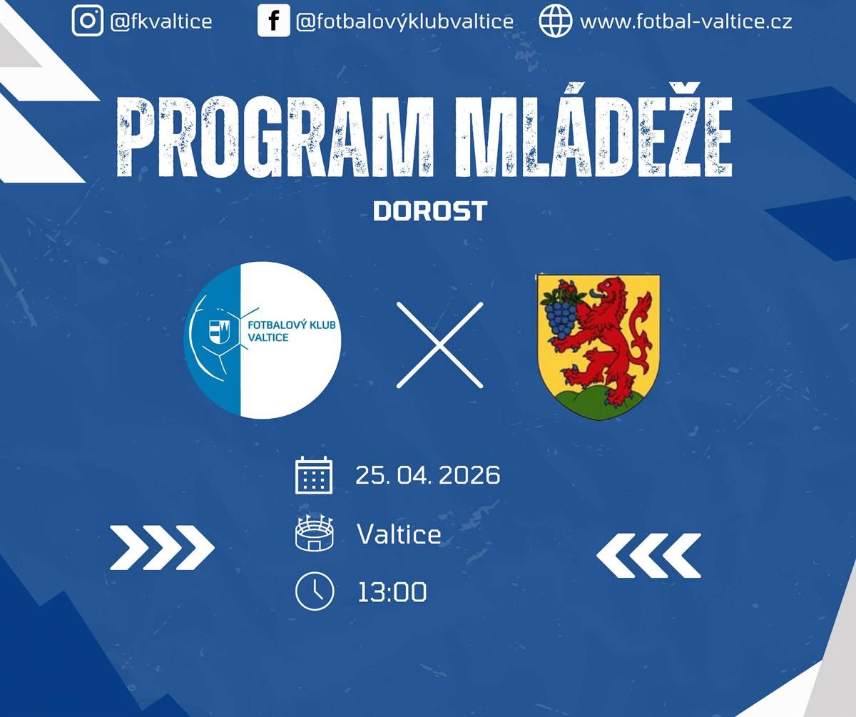 FK Valtice zve své příznivce po měsíci na další domácí utkání jarní části sezóny proti TJ Sokol Křepice. ⚽ Sobota 25. 4. 2026 16:00 FK VALTICE - TJ Sokol Křepice Přijďte podpořit a povzbudit naše hráče! Budeme se těšit, občerstvení zajištěno. 🍺 Předzápas obstará dorost proti týmu TJ Sokol Popice.  Jelikož v areálu probíhají práce na kabinách, dbejte prosím zvýšené bezpečnosti!