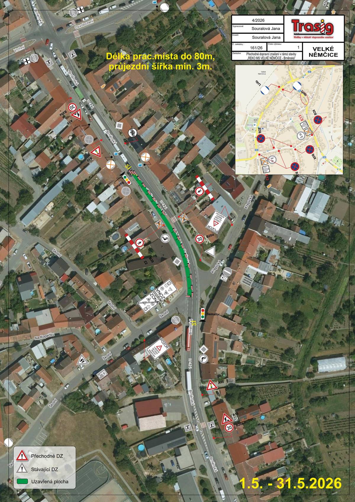 Upozorňujeme občany a návštěvníky Velkých Němčic, že v termínu od 1.5. - 24.7. 2026 budou zahájeny výkopové práce pro rekonstrukci  plynovodního potrubí a přípojek na ulici Brněnská. Práce budou probíhat výkopem v komunikaci a chodníku, podél sil. II/425. Budou probíhat v rámci jednotlivých etap. Pro potřeby stavby bude uzavřen jízdní pruh na Hustopeče a provoz bude řízen semafory. V důsledku stavby budou přemístěny autobusové zastávky na ulici Vrchní. Jednotlivé úseky a rozsah prací jsou vyznačeny v přiložených situačních výkresech. Pro vstup do nemovitostí budou použity  pochozí lávky. Při průjezdu dbejte prosím zvýšené opatrnosti a respektujte dopravní značení.