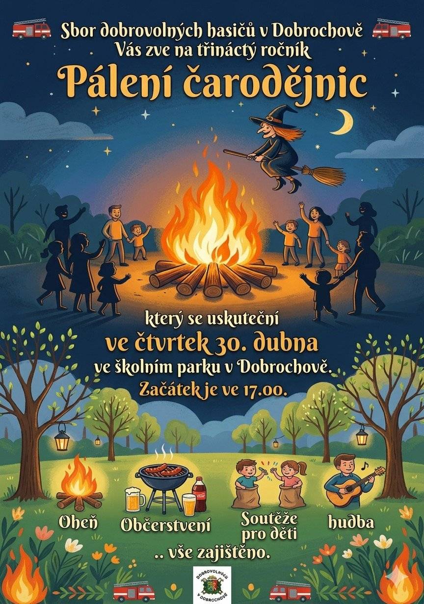 Ve čtvrtek 30. dubna od 17.00 hod. proběhne v naší obci třináctý ročník Pálení čarodějnic.