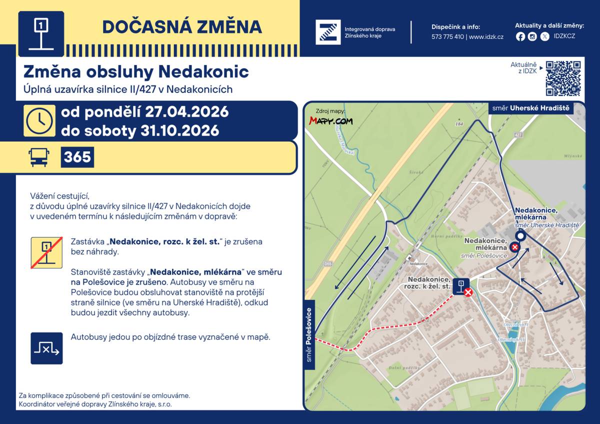 Informace ke změnám v organizaci veřejné dopravy v době 27. 4. 2026 - 31. 10. 2026, která se týká linek s vazbou na naši obec.  Výlukové jízdní řády budou k dispozici na stránkách www.idzk.cz.