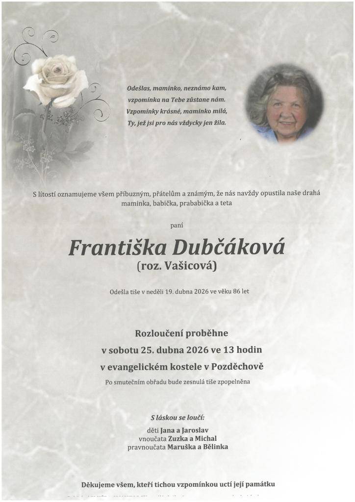 rozloučení 25.dubna 2026 ve 13 hodin  evangelický kostel v Pozděchově