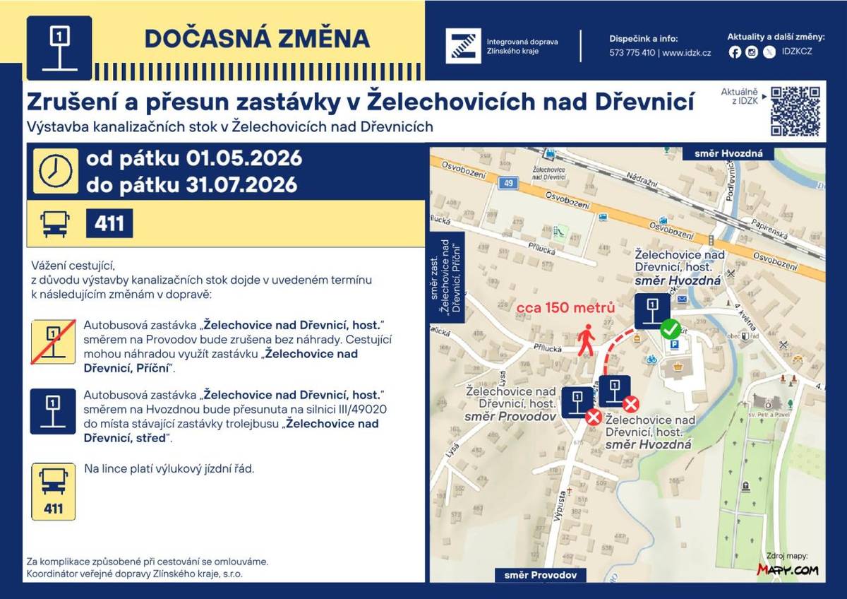 Dočasné zrušení zastávky Želechovice, host. ve směru na Provodov + výlukový jízdní řád 1.5.-31.7.2026