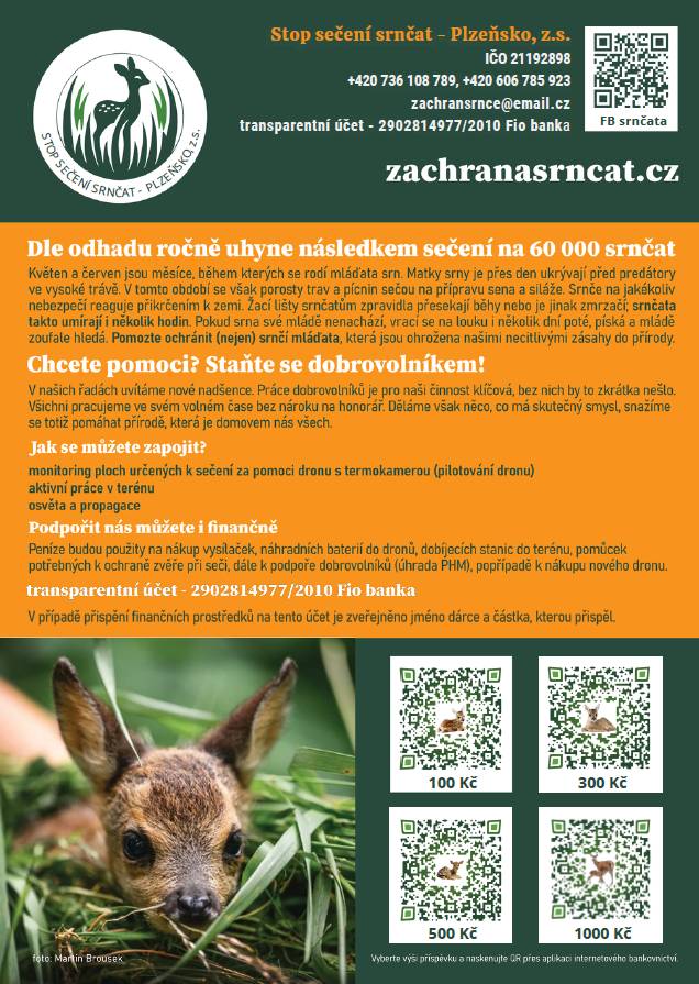 Vážení občané,  rádi bychom Vás informovali, že v období od 1. května do 31. července bude na místních honitbách a zemědělských plochách v okolí obce probíhat monitoring a záchrana srnčích mláďat a dalších živočichů během jarních senosečí.