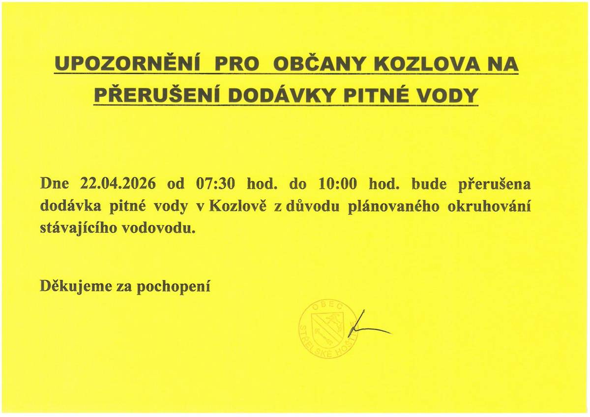 Upozornění pro občany Kozlova na přerušení dodávky pitné vody