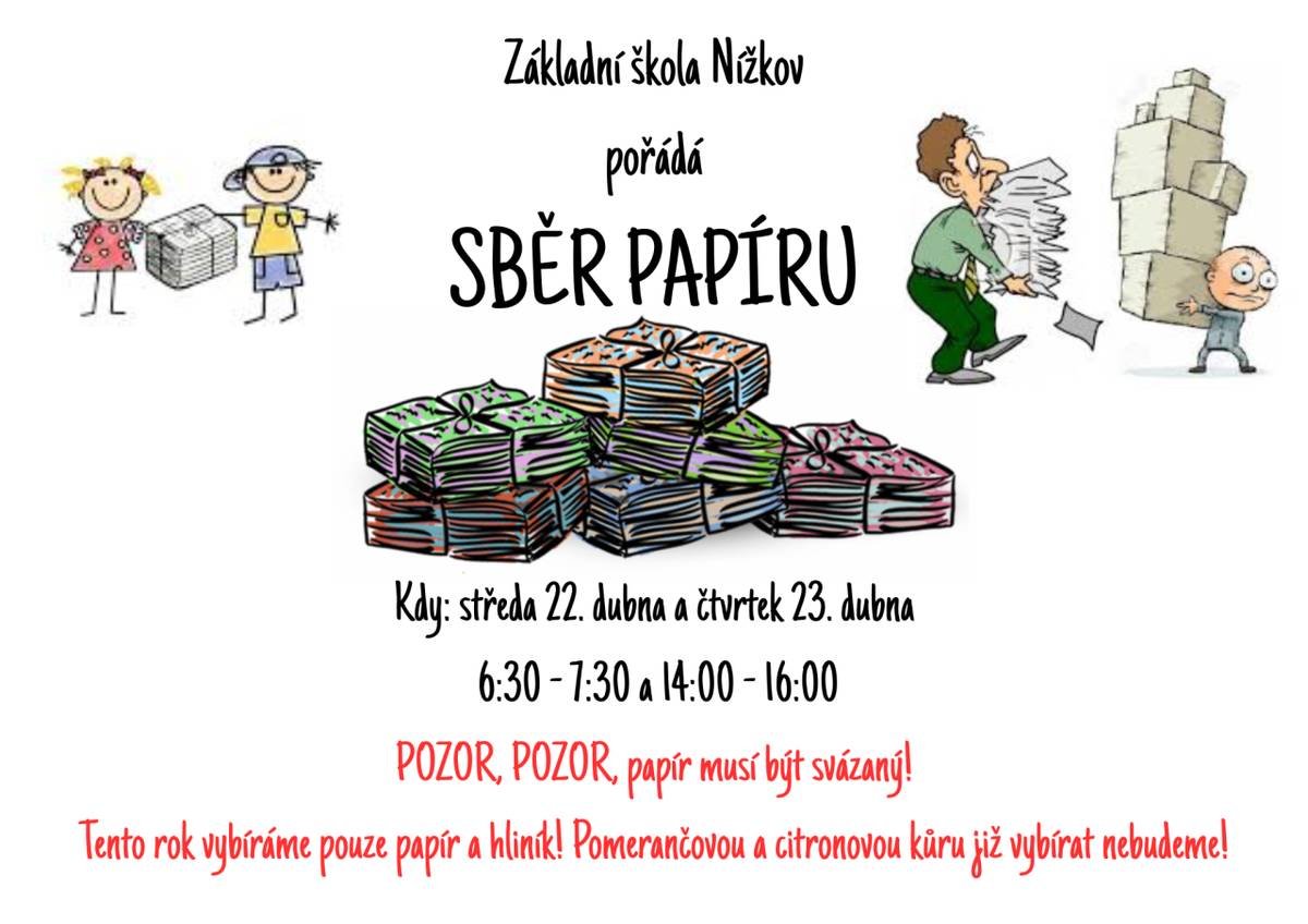 Základní škola Nížkov zve všechny k účasti na sběru papíru, který se uskuteční ve středu 22. dubna a ve čtvrtek 23. dubna. Sběr bude probíhat v časových intervalech od 6:30 do 7:30 a od 14:00 do 16:00. Prosíme, abyste přinesli pouze svázaný papír a hliník, neboť pom. a citr. kůru již nevybíráme!