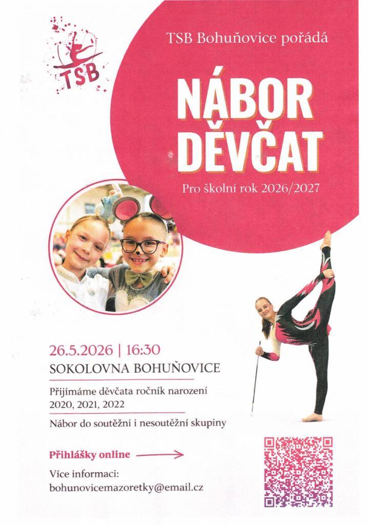 TSB Bohuňovice pořádá nábor dívek pro školní rok 2026/2027.