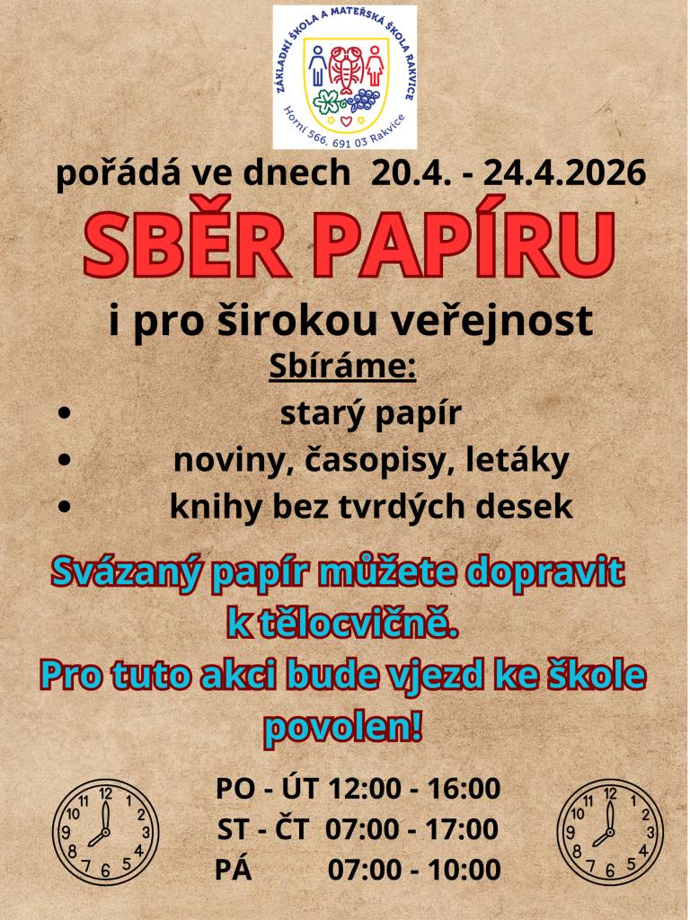 Základní škola Rakvice pořádá sběr starého papíru i od veřejnosti!