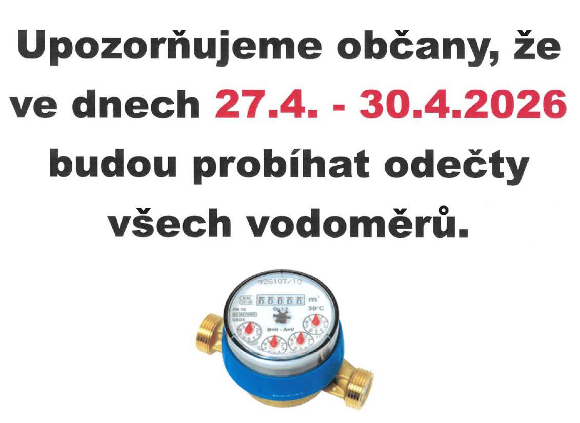 Odečty vodoměrů budou probíhat ve dnech 27.4.-30.4.2026.