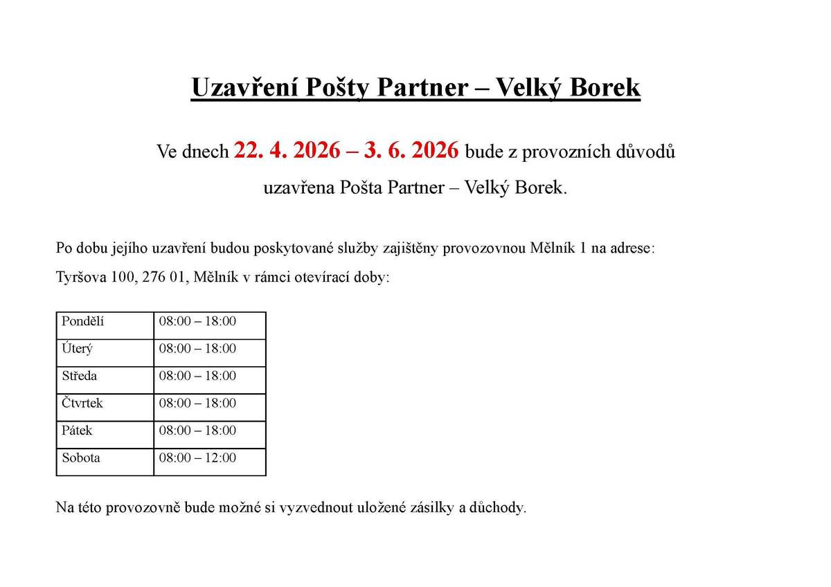 Uzavření Pošty Partner – Velký Borek