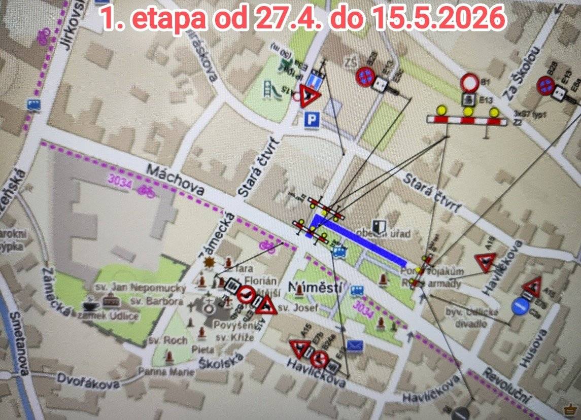 Vážení spoluobčané, z důvodu plánované rekonstrukce vodovodu a kanalizace dojde v Údlicích u náměstí k omezení dopravního provozu. V 1.etapě od 27.4. do  15.5.2026 bude omezen vjezd k nové prodejně potravin a k základní škole. Počítejte prosím s omezením provozu a možnými komplikacemi.