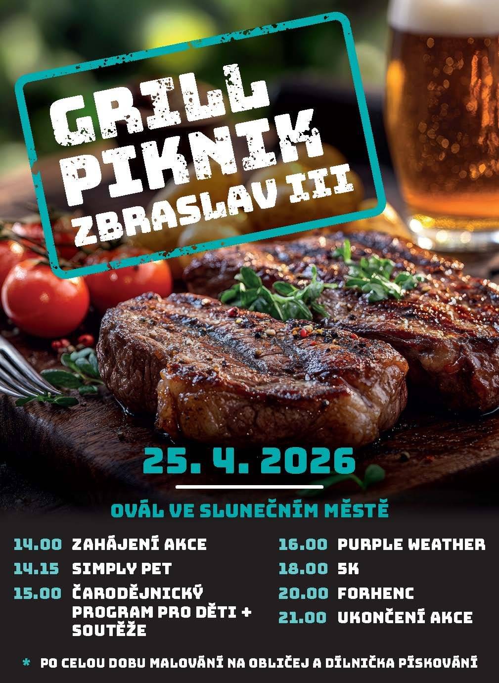 V sobotu 25. dubna 2026 se na Zbraslavi uskuteční třetí ročník oblíbeného festivalu Grill Piknik III. Festival začne ve 14.00 hodin na Oválu ve Slunečním městě.   Návštěvníci se mohou těšit na širokou nabídku grilovaných specialit, piknikových delikates a na točené pivo z lokálních i vzdálenějších minipivovarů. Festival nabídne bohatý doprovodný program včetně hudebních vystoupení místních kapel, dětského animačního programu a soutěží, které zajistí zábavu pro celou rodinu. Program:  14.00 Zahájení akce 14.15 Simply Pet 15.00 Čarodějnický program pro děti + soutěže 16.00 Purple Weather 18.00 5K 20.00 Forhenc 21.00 Ukončení akce