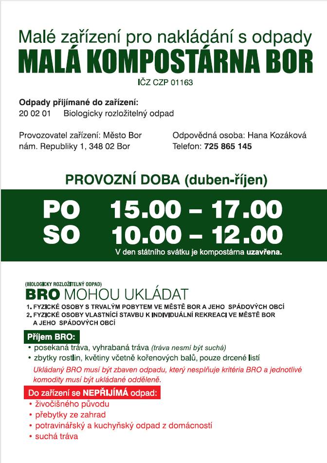 Malá kompostárna Bor - provozní doba