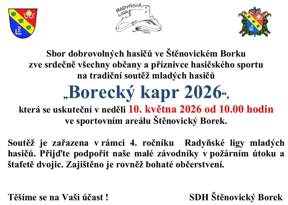 SDH Štěnovický Borek pořádá 10. května 2026 od 10:00 hodin  ve sportovním areálu soutěž mladých hasičů O Boreckého kapra.