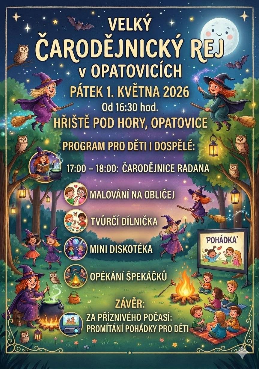 Spolek Opatovické školy pořádá v pátek 1. května 2026 od 16:30 hod. na hřišti Pod hory VELKY ČARODĚJNICKÝ REJ V OPATOVICÍCH. Pro děti i dospělé budenpřipravené:  MALOVÁNÍ NA OBLIČEJ TVŮRČÍ DÍLNIČKA MINI DISKOTÉKA OPÉKÁNÍ ŠPEKÁČKŮ NA ZÁVĚR - LETNÍ KINO