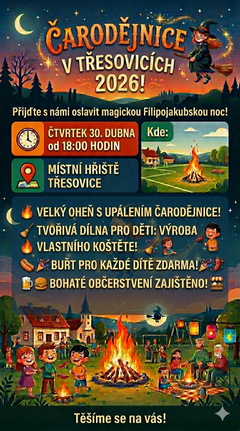 Obec Třesovice a SDH Třesovice zvou všechny občany na tradiční akci "Pálení čarodějnic", která se uskuteční ve čtvrtek 30. dubna 2026 od 18:00 hodin na hřišti v Třesovicích. Připravte se na velký oheň, možnost výroby vlastního koštěte, bohaté občerstvení je zajištěno. Příjďte pobejt, těšíme se na vás!