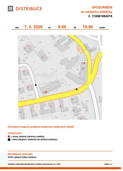ve čtvrtek dne 7.5.2026 od 08:00 do 15:00 hodin  Plánovaná odstávka zahrnuje tyto lokality: Sluštice č. p. 35, 248