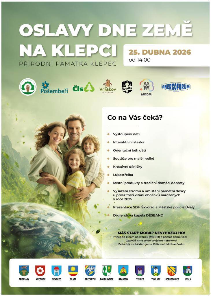 Přijďte oslavit Den Země na přírodní památku Klepec u Přišimas! Čekají na vás vystoupení dětí, kreativní dílničky, lukostřelba, místní produkty a tradiční domácí dobroty. Akce začíná 25. dubna 2026 ve 14:00.