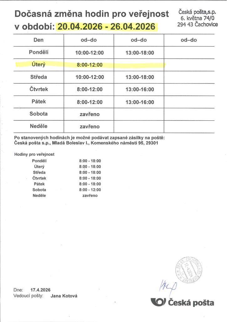 Pošta Čachovice oznamuje, že v úterý 21. 4. 2026 bude mít otevřeno pouze od 8:00 do 12:00.