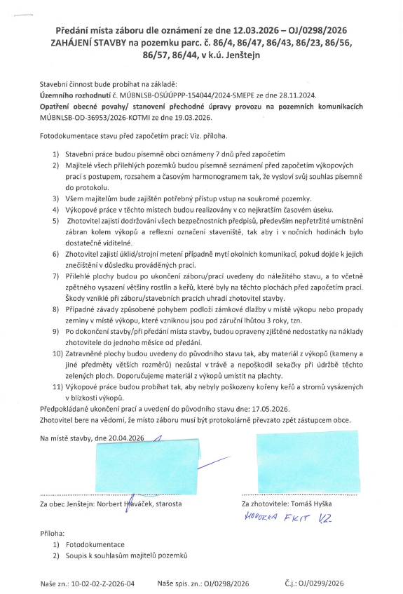 V posledním dubnovém týdnu by měly začít práce na zavedení optického internetu společnosti CETIN do domů v ulici Na Stráni.