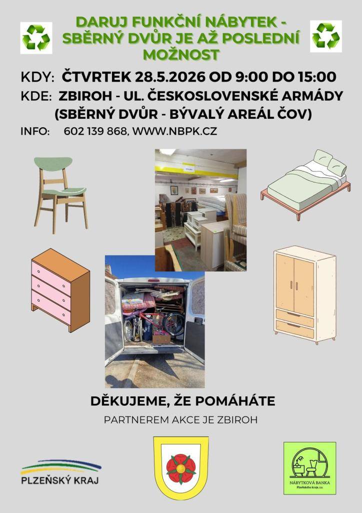 Co je účelem této sbírky nábytku?  Hlavním záměrem je prevence vzniku odpadu a pomoc lidem, kteří si nemohou dovolit pořídit nový nábytek. Sbírka má zároveň pomoci zvýšit povědomí o Nábytkové bance Plzeňského kraje.