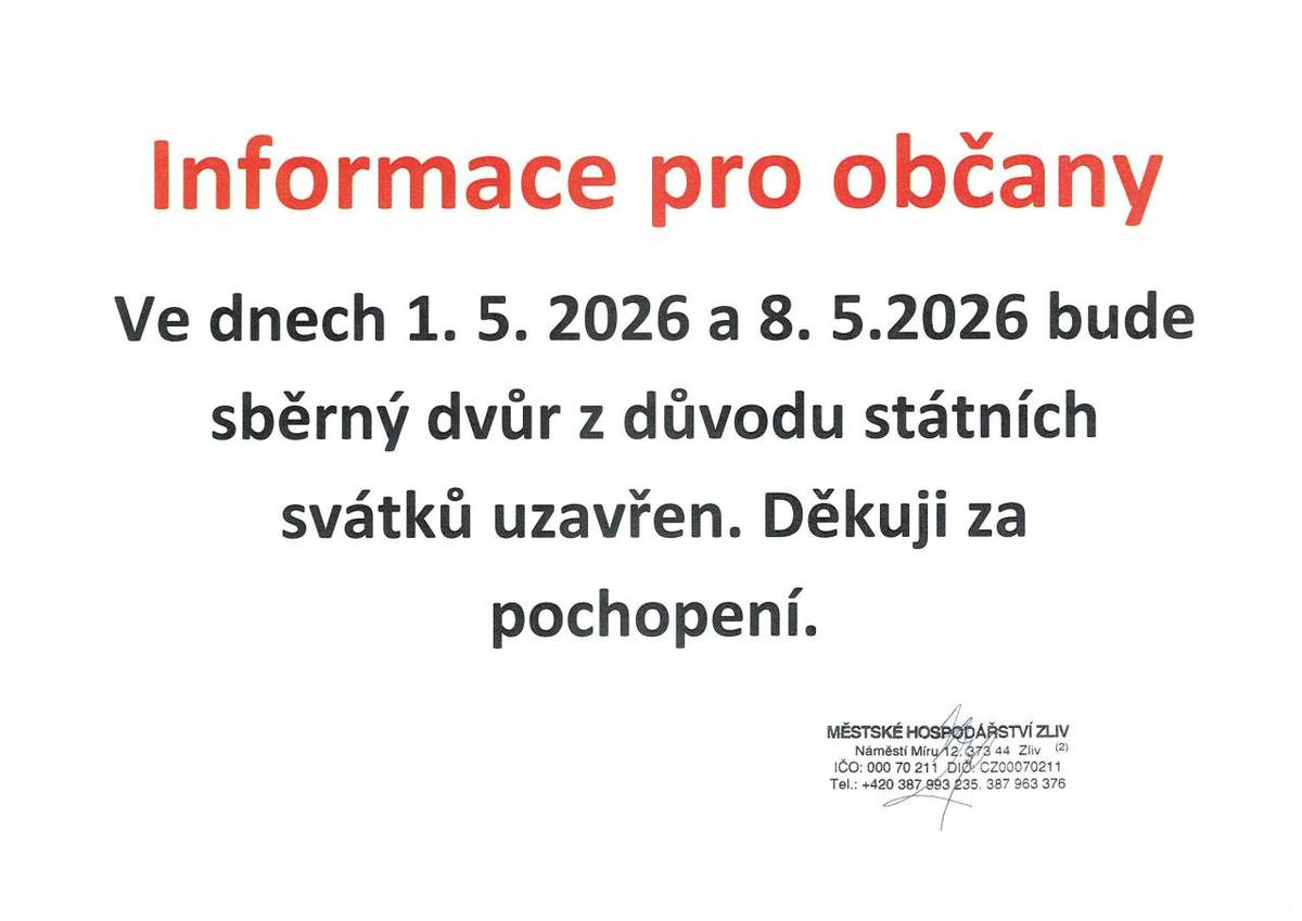 Ve dnech 1.5. a 8.5.2026 bude sběrný dvůr z důvodu státních svátků uzavřen.