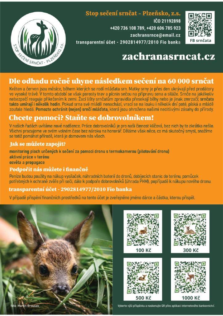 1.5. - 31.7.2026 bude probíhat monitoring záchrany srnčích mláďat během jarních senosečí.