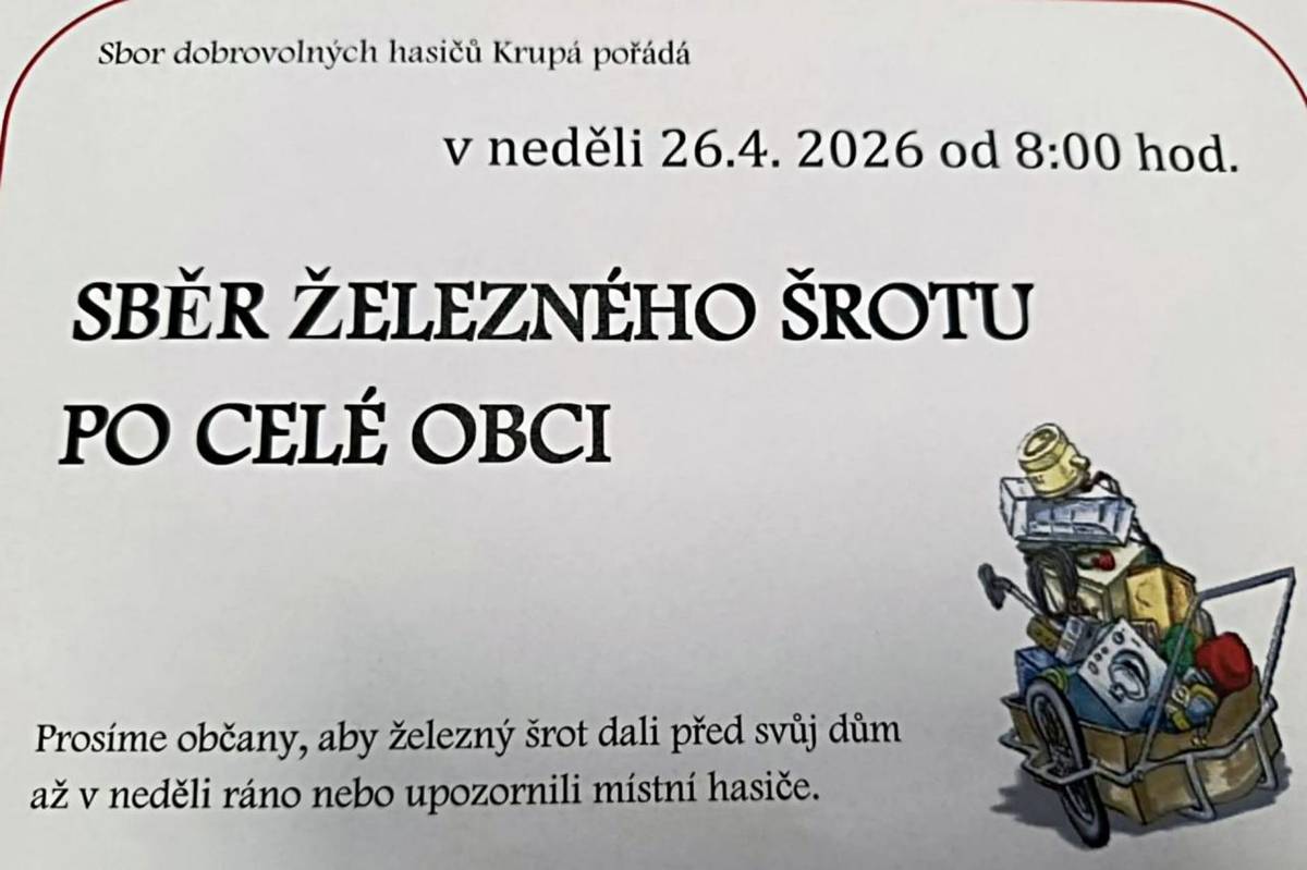 Již tuto neděli 26.4.2026 proběhne v naší obci sběr železa. Prosíme občany, aby želežný šrot dali před svůj dům nebo upozornili místní hasiče.