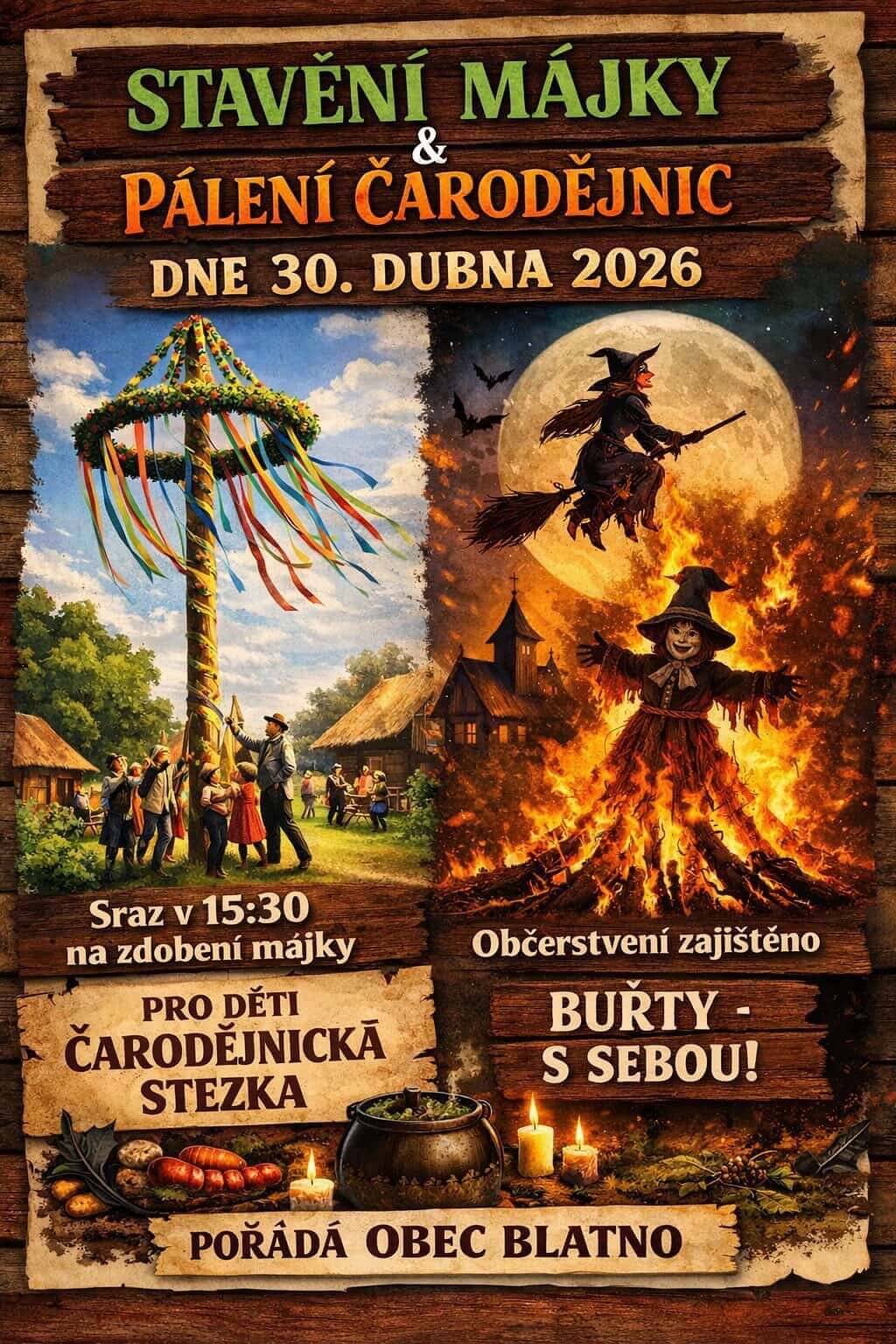 Zveme Vás na stavění májky a pálení čarodějnic dne 30. 4. 2026 na návsi v Blatně.