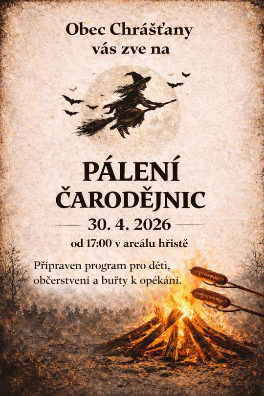 Zveme všechny na tradiční pálení čarodějnic, které se koná 30. 4. 2026 od 17:00 hod v areálu hřiště.