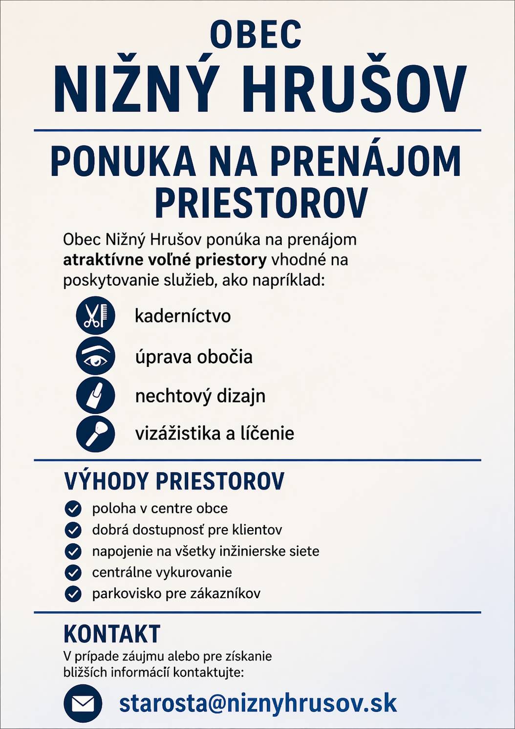 Ponuka na prenájom priestorov v obci Nižný Hrušov.