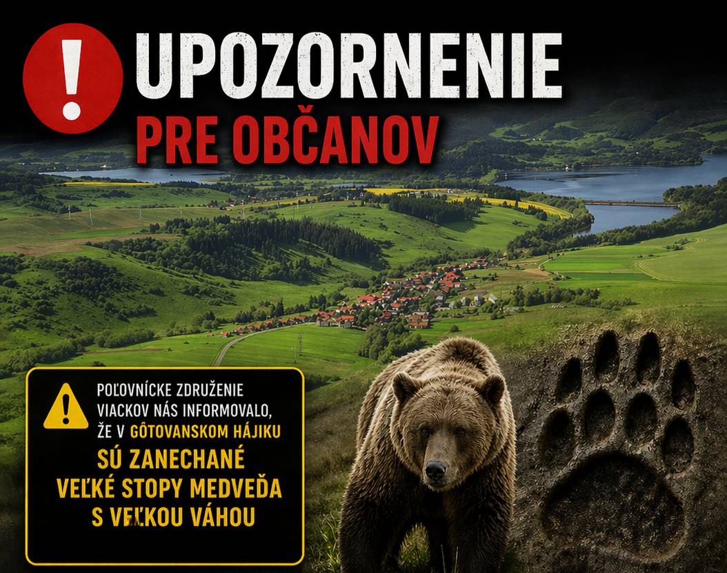 Obec Gôtovany opätovne upozorňuje občanov, že na základe informácie od Poľovníckeho združenia Viackov boli v lokalite Gôtovanský hájik zaznamenané veľké stopy medveďa, čo nasvedčuje pohybu veľkého jedinca.