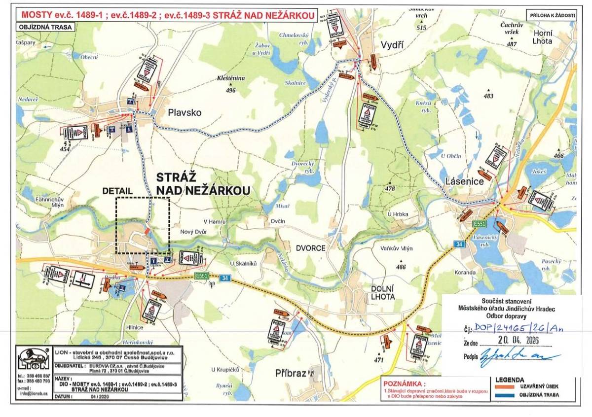 Vážení spoluobčané, od 04.05.2026 do 29.11.2026 bude uzavřen most přes řeku Nežárku, který je směrem na Plavsko. Důvodem je nová výstavba mostu. Více informací najdete v přílohách.