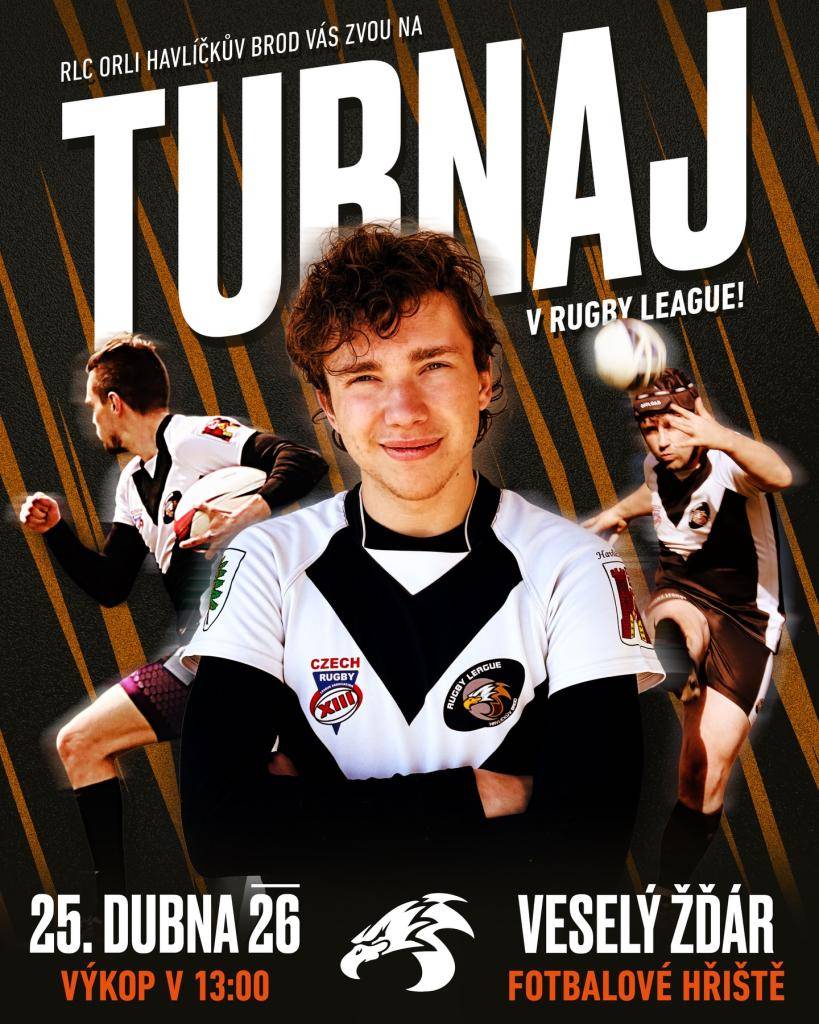 Klub RLC Orli Havlíčkův Brod Vás srdečně na rugbyový turnaj, který se odehraje 25. dubna na fotbalovém hřišti. Začátek turnaje je od 13:00.  Občerstvení zajištěno, těšit se můžete na vepřové koleno, točené pivo, nealkoholické nápoje a drobné pochutiny.
