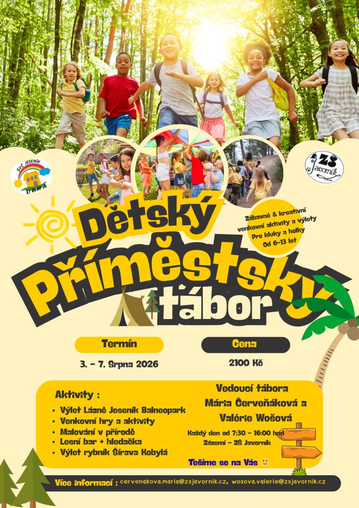 Hledáte pro své děti smysluplný program na prázdniny? Naše příměstské tábory nabízejí ideální kombinaci zábavy, pohybu a tvoření v bezpečném a přátelském prostředí. Více info na plakátkách níže.