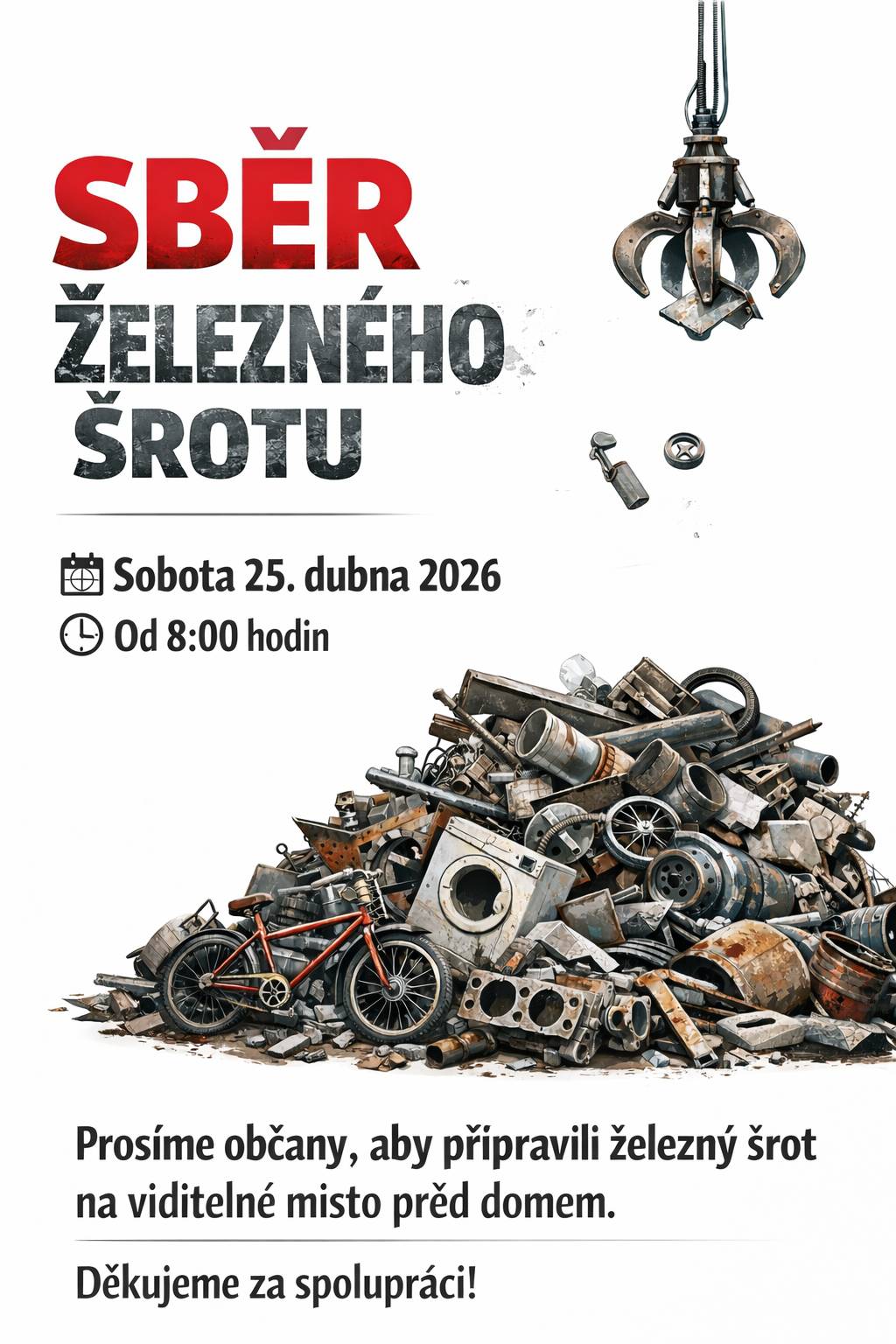 SDH Droužetice organizuje sběr železného šrotu, který budou svážet tuto sobotu 25.4. 2026 od 8:00