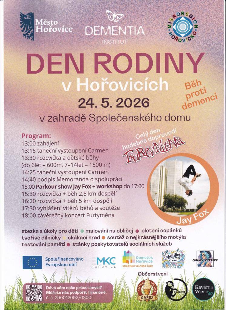 Srdečně vás zveme na Den pro rodinu, který se koná 24. května 2026 v zahradě Společenského domu v Hořovicích. Od 13:00 na vás čeká pestrý program, včetně tanečních vystoupení, rozcviček a běhů pro děti i dospělé. Připraveny jsou také tvořivé dílničky, soutěže a závěrečný koncert.