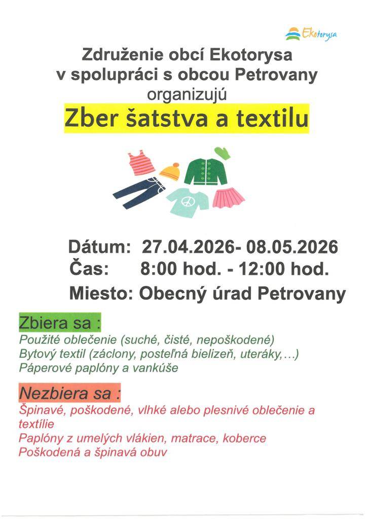 Zber šatstva a textilu v obci Petrovany