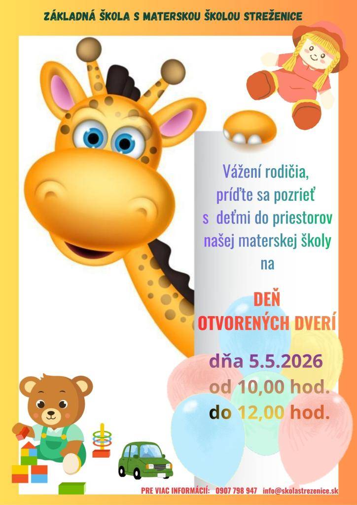 Základná škola s materskou školou Streženice pozýva všetkých rodičov a deti pozrieť sa na priestory našej materskej školy. Deň otvorených dverí sa uskutoční dňa 5.5.2026 od 10:00 hod. do 12:00 hod. Tešíme sa na Vás!