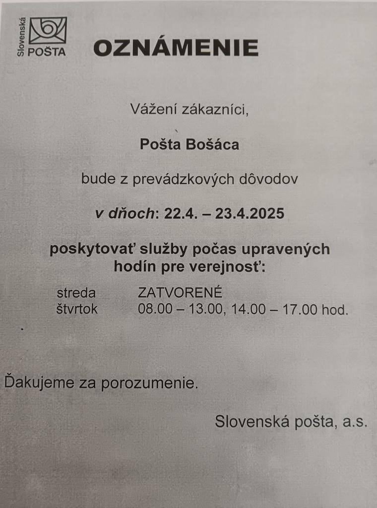 22.4.2026 Zatvorené  23.4.2026 8.00-13.00 a 14.00-17.00hod. otvorené