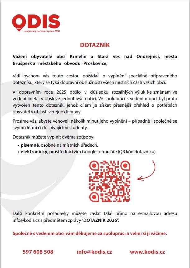 Prosíme cestující autobusové dopravy o vyplnění krátkého dotazníku, jak jsou spokojeni se službami KODIS v našem okolí.