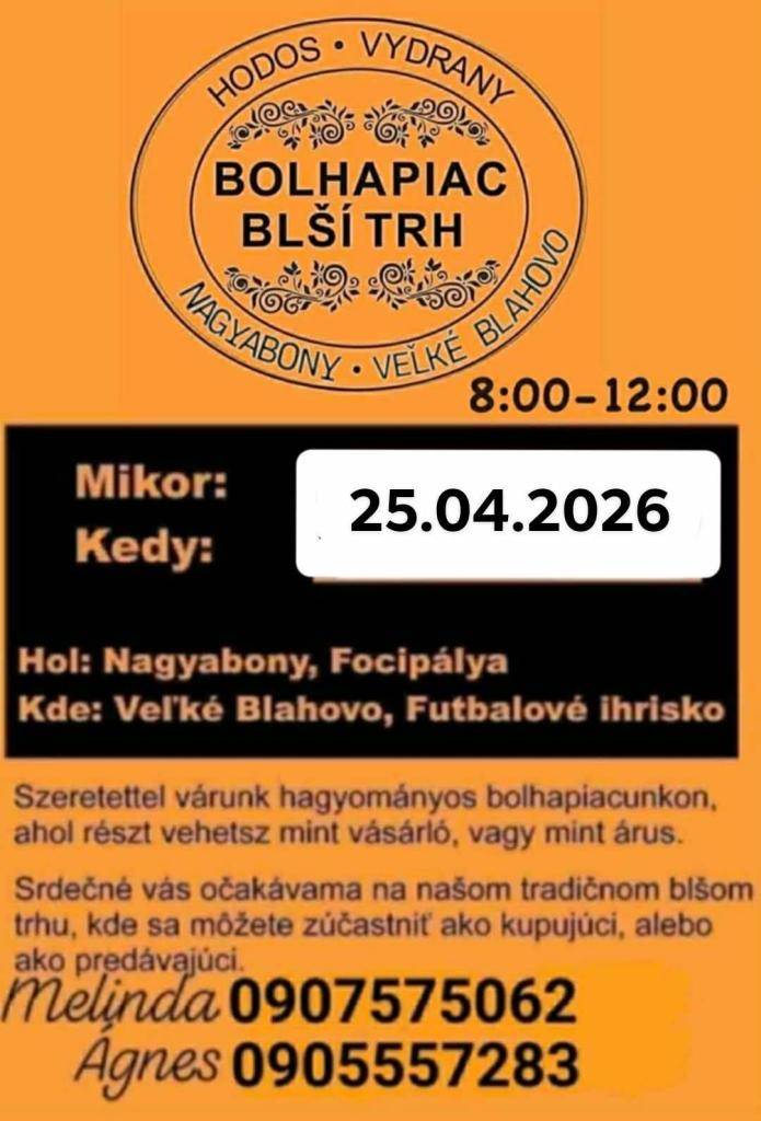 Už túto sobotu sa bude konať Blší trh 25. apríla 2026 od 8:00 do 12:00 na miestnom futbalovom ihrisku.