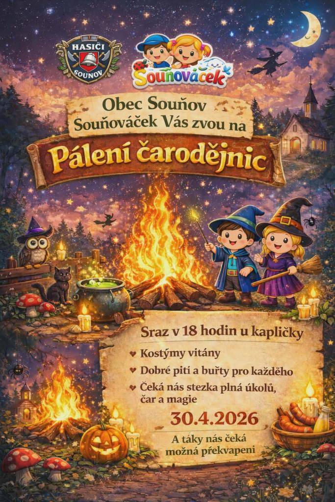 Tradiční pálení čarodějnic se koná 30. dubna 2026.   Sraz je v 18 hodin u kapličky, kde se mohou děti těšit na stezku plnou úkolů a magie.