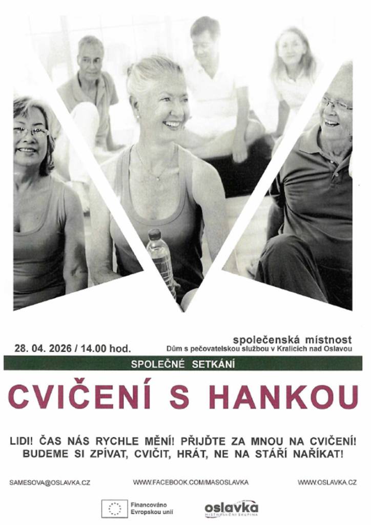 Cvičení s Hankou v úterý 28.4.2026 ve 14:00 hodin ve společenské místnosti DPS v Kralicích