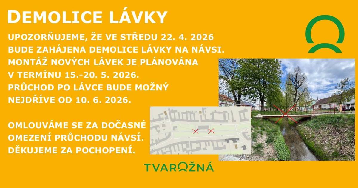 Upozorňujeme, že ve středu 22. dubna bude zahájena demolice lávky na návsi.