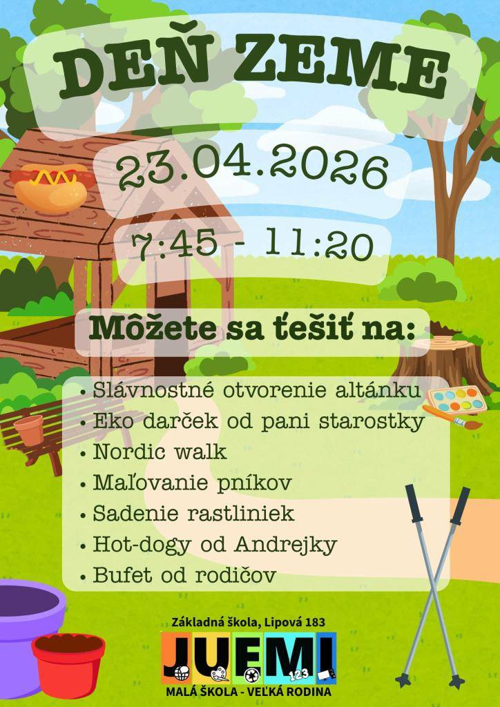 ZŠ Lipová Vás pozýva na Deň Zeme vo štvrtok 23.04.2026 do areálu ZŠ Lipová.