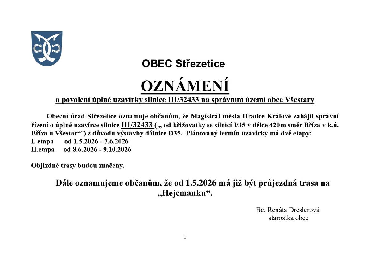 Oznámení 1/3 viz. příloha