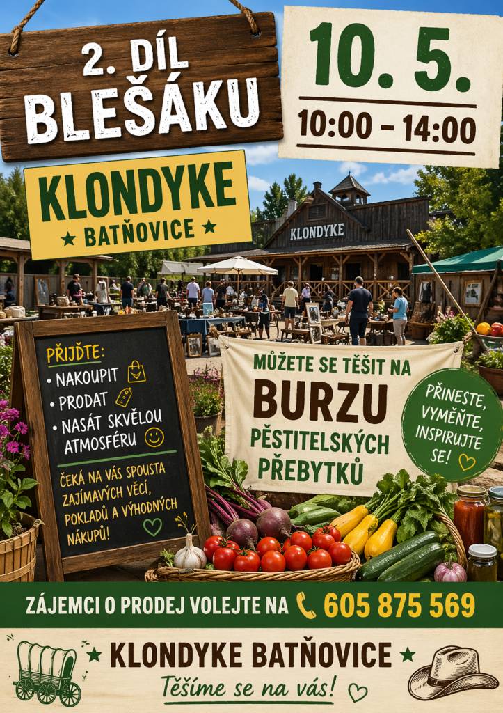 V jeden den na jednom místě nakoupíte, prodáte nebo směníte poklady z půdy a garáží a také sadbu rostlin a zeleniny. Zájemci o prodej volejte 605 875 569 (blešák) nebo 775 112 305 (pěstitelé).