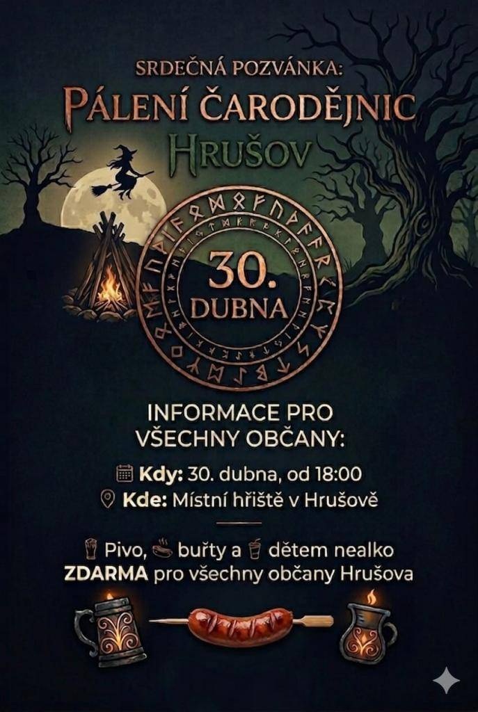 Zveme Vás dne 30.4.2026 od 18:00 na pálení čarodějnic.